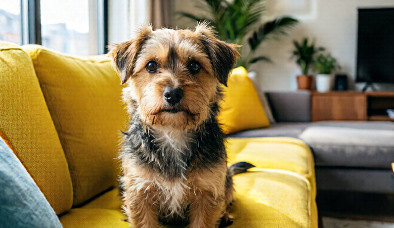 Friendly small apartment dog sitting on a bright sofa.
