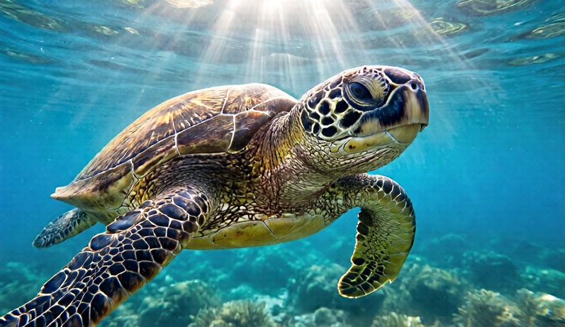 Sea turtle swimming through clear blue water with sunlight rays.