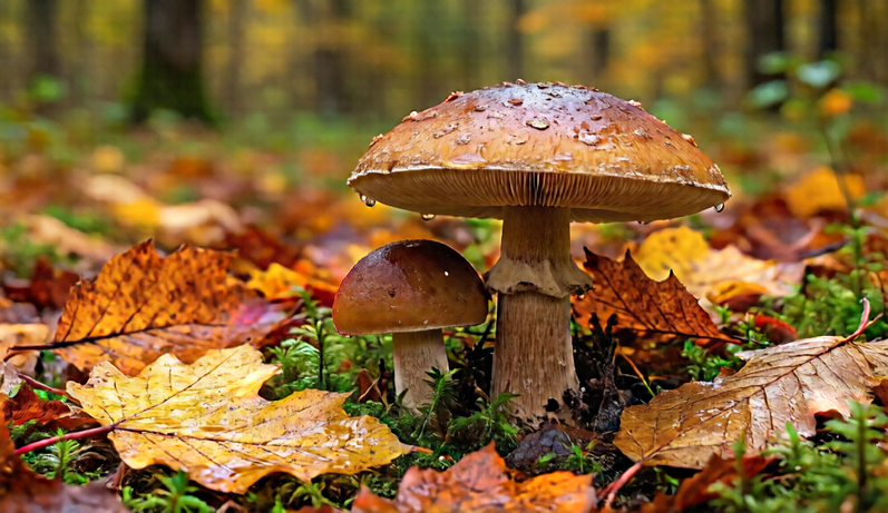 Autumn mushrooms among colorful fallen leaves in a damp forest.