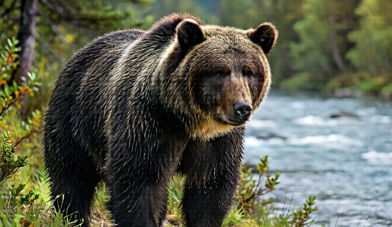 Large brown bear standing near a river in the wilderness.