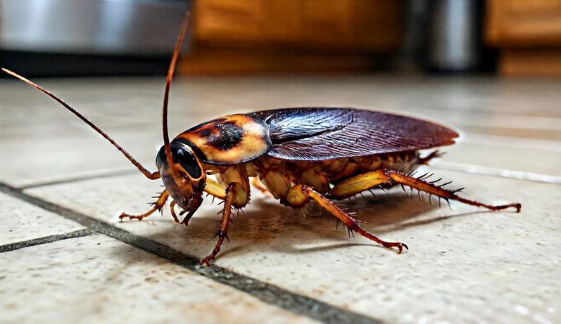 German cockroach on a kitchen tile floor.