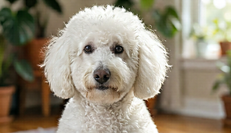 White poodle sitting indoors with clean curly fur.