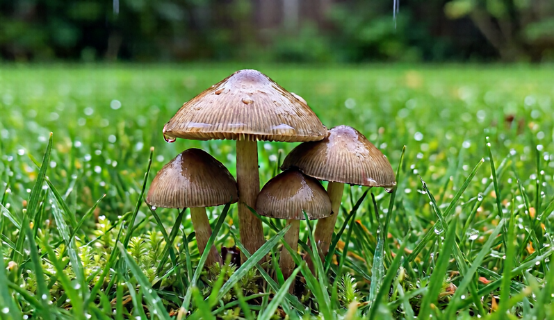 Small mushrooms growing in a green backyard lawn after rain.