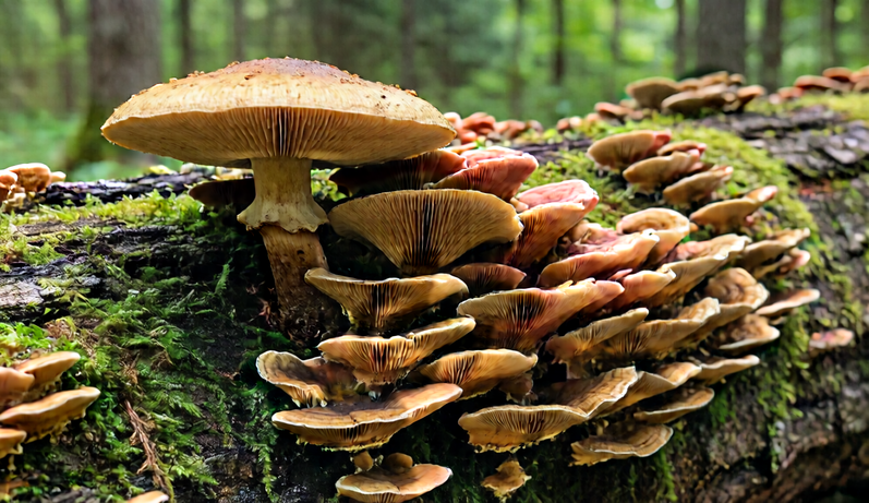 Bracket mushrooms growing on a fallen tree log.