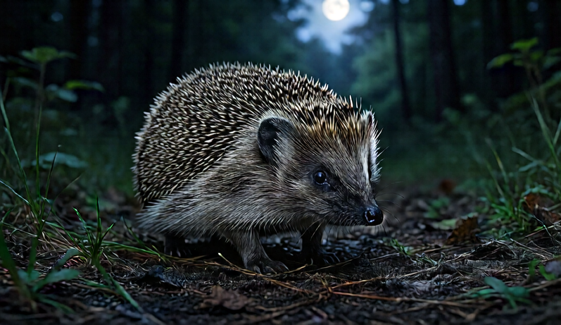 European hedgehog walking along a dark forest path at dusk.