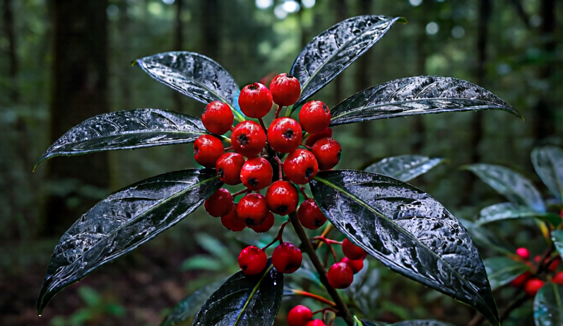Poisonous plant with vivid red berries and glossy dark leaves in a shaded forest.