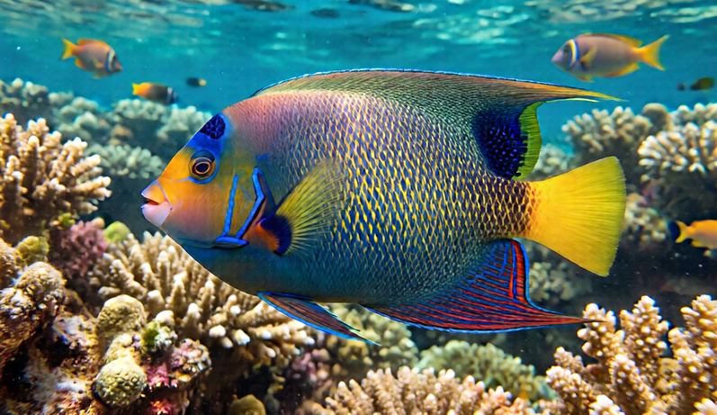 Colorful saltwater aquarium fish swimming near coral.