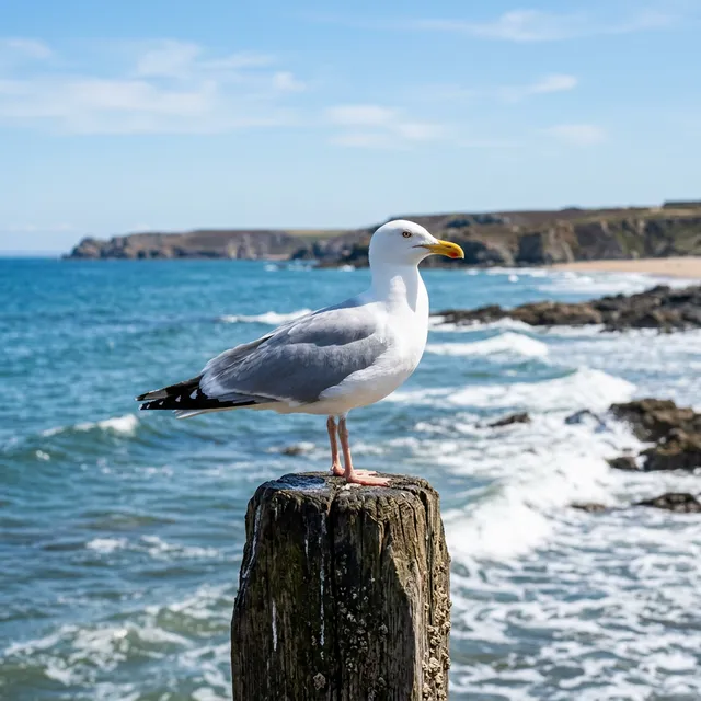 Large coastal birds gathered near the water.
