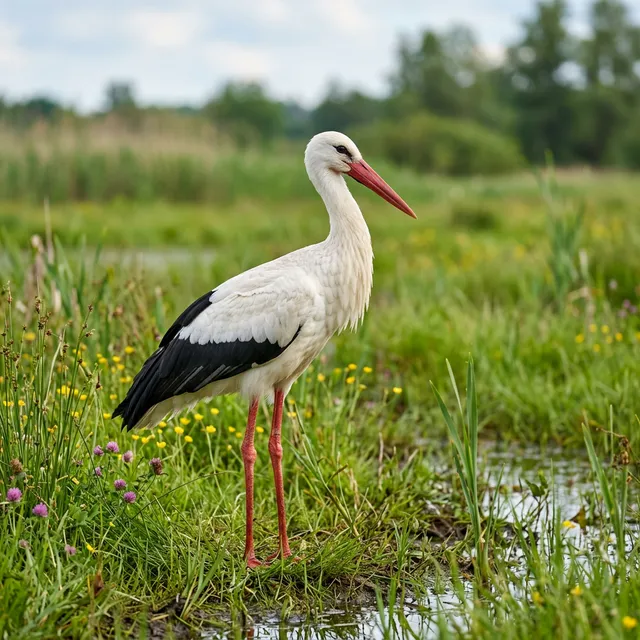 Tall wading birds in a wetland setting.